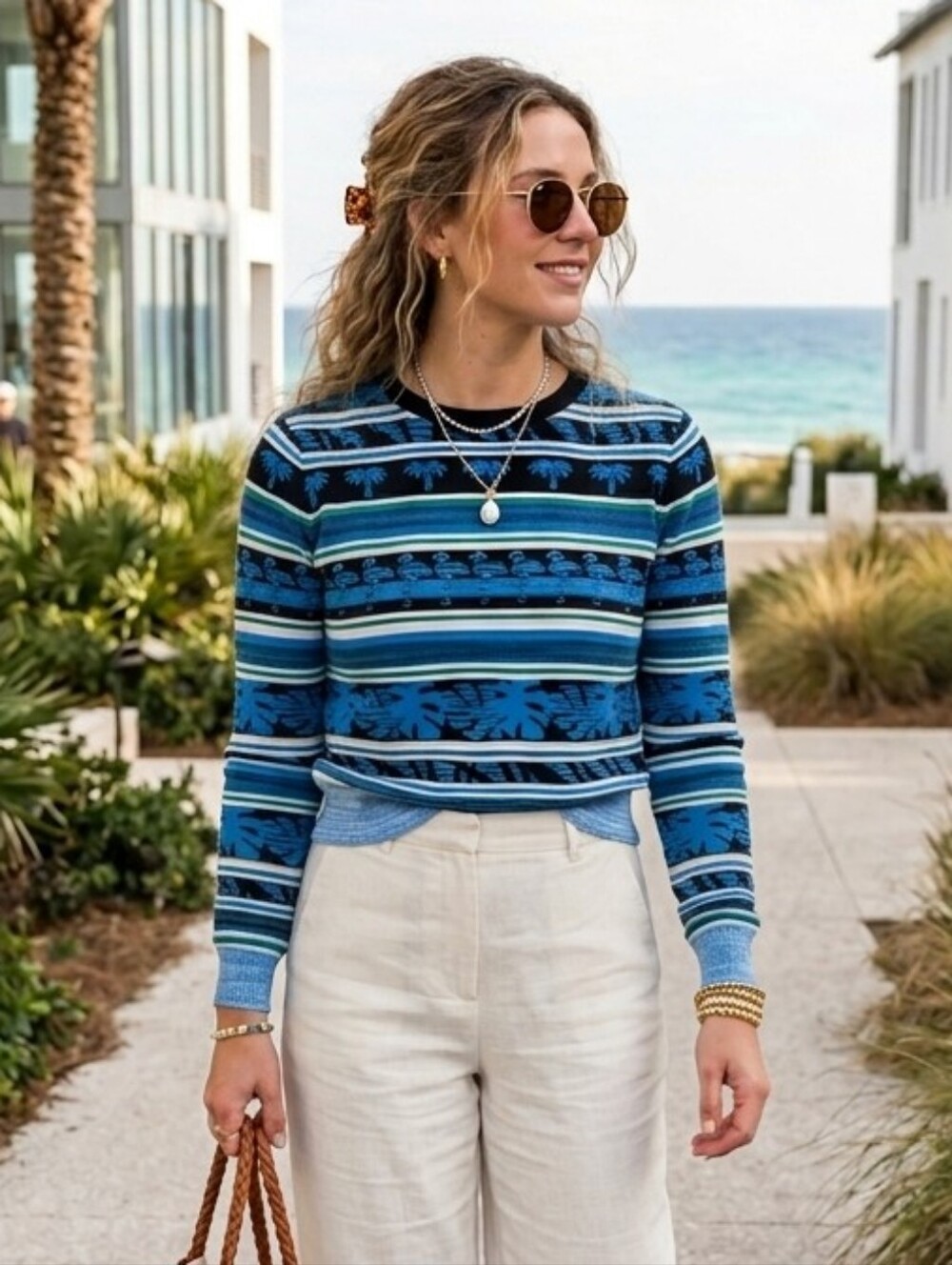Desigual S Artsy Eclectic Boho Retro Coastal Tropical Striped Knit Sweater